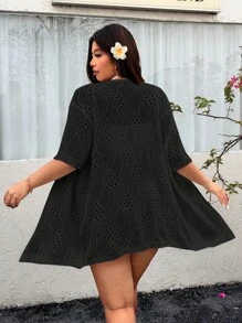 SHEIN EZwear Plus Size Casual Versatile Solid Color Hollow-Out Knitted Cardigan