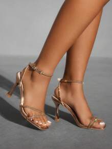 CUCCOO SZL Women's Champagne Rhinestone Decor Square Toe High Heel Sandals, Commute, Date And Party Occasions For Christmas - Champagne - View 2