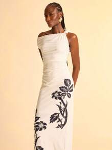 CAJUNI 女士白色不对称肩部无袖修身印花长连衣裙，适合度假、约会、派对、通勤等场合，百搭实用。这款连衣裙是女士夏季连衣裙的理想之选，款式优雅，适合各种场合。 - 黑與白 - 查看 2