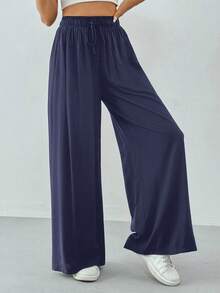 SHEIN Tall Women Spring/Summer Casual Solid Color Drawstring Wide Leg Pants Navy Blue Pants - Royal Blue - View 3