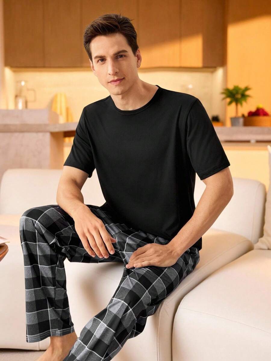 2PCS Men's Solid Color Short Sleeve Top And Plaid Pants Pajama Set For Sleepwear Loungewear - Black - View 1