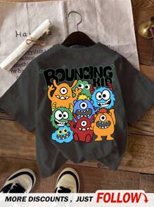 SHEIN 适合夏季的年轻男孩休闲简约圆领T恤 - 深灰色 - 查看 2