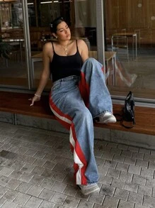 Dripcurv Plus Size Contrast Striped Print Pocket Casual Wide Leg Jeans