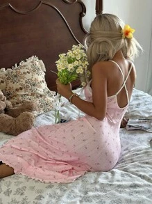 CottageSlumber Romantic-Flora Midi Length Pink Sleep Dress With Plant Pattern And Feminine Spaghetti Strap Design Pink Floral Dress Summer Dress - Pink - View 1