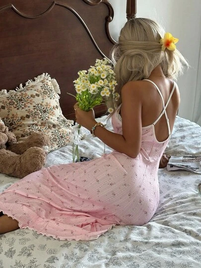 CottageSlumber Romantic-Flora Midi Length Pink Sleep Dress With Plant Pattern And Feminine Spaghetti Strap Design Pink Floral Nightgown Summer Nightgown Bountiful Floral Splendor  Cozy And Elegant Details