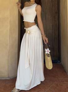 SHEIN Unity 2 件套单肩短款上衣和中长裙套装 - 杏色 - 查看 3