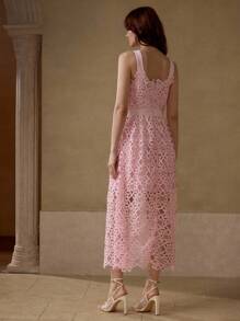 MOTF PREMIUM GUIPURE LACE OVERLAY RHINESTONE WAIST DRESS - Pink - View 3