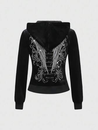 Grunge Punk Sweat-shirt à capuche ajusté pour femme avec imprimé d'ailes style grunge déchiré et ornements de strass