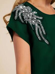 Amorya 夏季优雅女士黑色胸前钉珠贴花插肩短袖衬衫，适合各种场合 - 墨綠色 - 查看 3