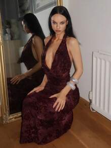 EgrlEra 女士花卉提花修身垂坠领连衣裙，性感 - 酒紅色 - 查看 5