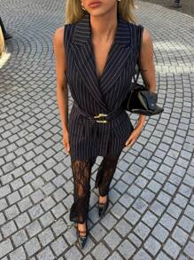 Siren Gaze 女式金属扣装饰无袖修身西装外套 - 藏蓝色 - 查看 1