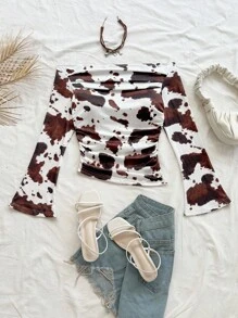 Soleia New Casual Holiday Western Beach Wedding Guest Attire, Graduation Brunch, St. Patrick's Day Spring Break Easter Festival, Elegant Bohemian Tropical Cow Print Off The Shoulder Flare Sleeve Women Top Cow Print Top CowGirl Top Western Top Rodeo Top Western Tops - Multicolor - View 5