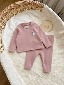 SHEIN 新生女婴可爱卡通图案长袖粉色睡衣套装 - 粉色 - 查看 5