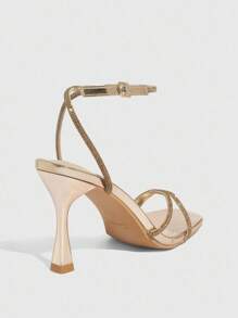 CUCCOO SZL Women's Champagne Rhinestone Decor Square Toe High Heel Sandals, Commute, Date And Party Occasions For Christmas - Champagne - View 8