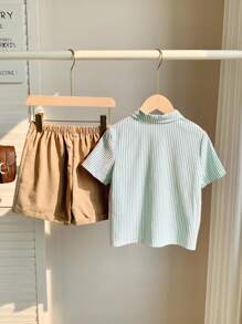 SHEIN 2 件/套平价休闲运动学院风彩色条纹丝带装饰 Polo 领短袖衬衫和卡其色梭织短裤套装，适合日常穿着、运动、郊游、校园、聚会、节日、拍照、返校季、春夏季 - 綠色 - 查看 4