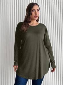 EURMUSE Plus Size Women's Solid Color Round Neck Long Sleeve Casual Loose T-Shirt - Army Green - View 5