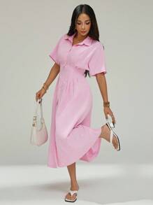 SHEIN PETITE 女式条纹蝙蝠袖收腰休闲长款衬衫裙 - 粉色 - 查看 5