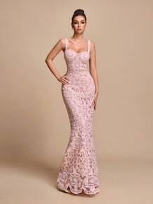 Glamine Women's Lace Fishtail Hem Fitted Fishtail Hem Elegant Spaghetti Strap Party Dress Halloween, Christmas - Pink - View 3