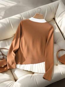 GlowEve Elegante suéter plisado de dos en uno con bloques de color, jersey de punto para otoño/primavera - Caqui - Ver 2