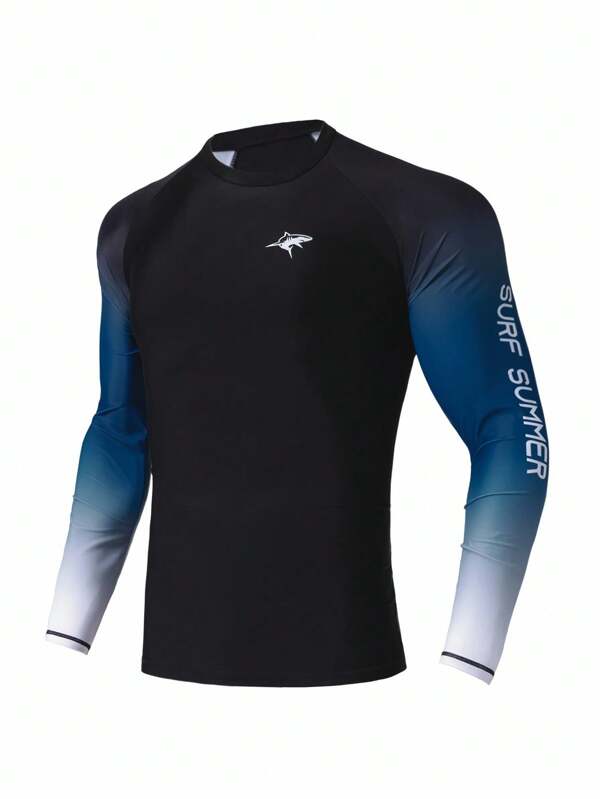 Manfinity Swimmode Swimwear con manga larga, cuello redondo, estampado de letras y cuello raglán para hombre