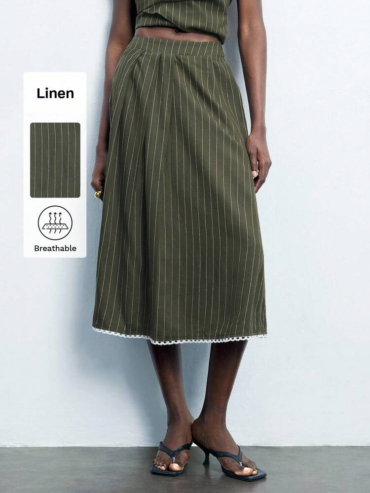 SHEIN Maija Women's Contrast Lace Decorative Early Spring & Summer Casual Bohemian Fashionable Design Comfortable Loose Elastic Waist, Front Panel Split With Bowknot Decoration Lace Embroidery Mid-Length Skirt, St. Patrick's Day Business Casual Vintage Style Skirt