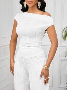 SHEIN Lady 白色弹力纹理不对称领上衣和阔腿裤配松紧腰带裤子女士两件套休闲日常优雅适合所有季节商务休闲女士两件套服装办公室