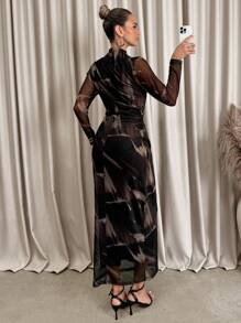 Lavishia Black & Coffee Abstract Print Long Sleeve Fitted Dress For Women Turtle Neck Long Sleeve