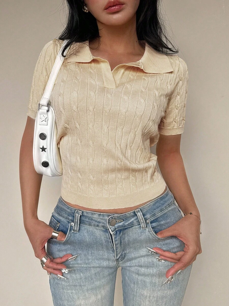 Flirla 女士扭绳高领短袖针织上衣 - 黄色 - 米色 - 查看 1