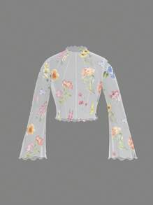 SHEIN MOD Plus Size Women's Bell Sleeve Contrast Wavy Hem Romantic Graphic Print T-Shirt, Suitable For Summer, Early Fall, Date, Back To School Season ,Crop Top Floral Outfits For Women Women 2 Piece Summer Sets White Shorts Set For Women Flower Tops For Women Floral Top,Suitable For Back To School, Date, Birthday, Early Autumn