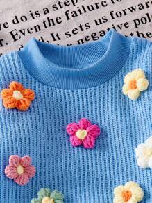 女婴冬季保暖针织花卉圆领毛衣和直筒裤 2 件/套 - 藍色 - 查看 4