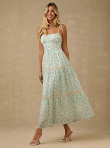 Enchnt Vestido de tirantes con volantes y estampado floral diminuto para mujer, conjunto elegante de vacaciones