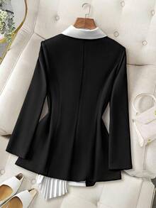 Modelyn Plus Size Elegant Commuting Colorblock Pleated Blazer Jacket In Fall/Winter - Multicolor - View 2