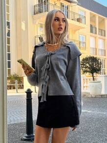 Siren Gaze 女士灰色长袖系带宽松羊毛上衣 Old Money 风格返校教师服装 女士冬装 秋装 复古女士开衫 - 灰色 - 查看 3