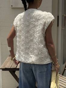 Serisse 女士优雅纯色 3D 花朵领带夹克，夏季秋冬 3D 花朵上衣 - 杏色 - 查看 2