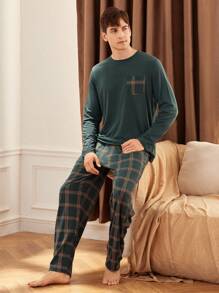 2pcs Men's Patchwork Pocket Long Sleeve Top And Plaid Long Pants Loungewear Set  Cozy And Elegant Details, Fall Clothes