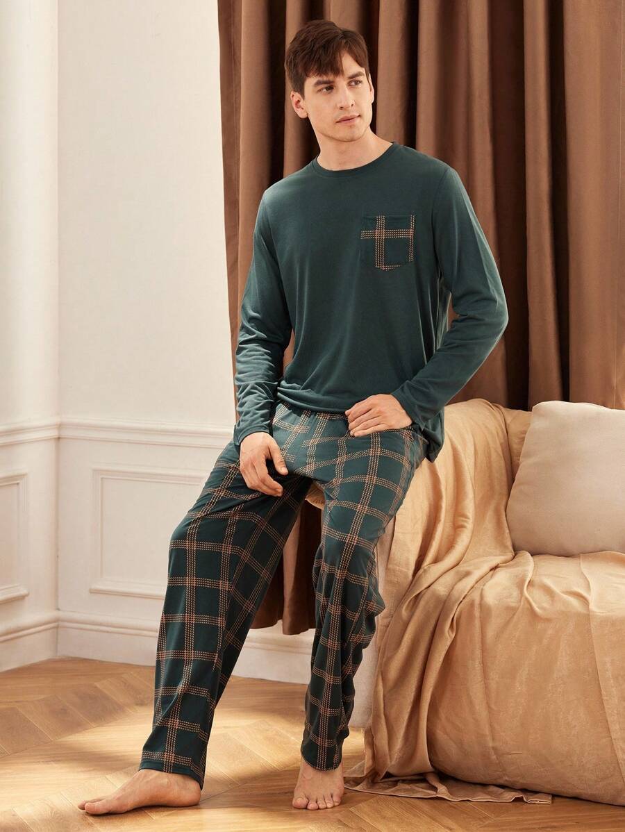 2pcs Men's Patchwork Pocket Long Sleeve Top And Plaid Long Pants Loungewear Set  Cozy And Elegant Details, Fall Clothes