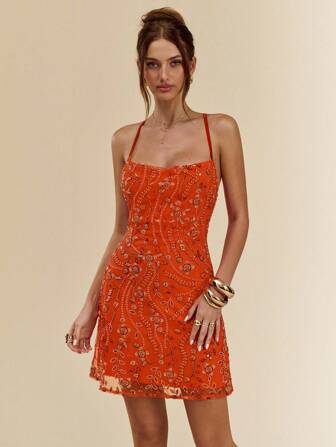 SHEIN BAE 女士细肩带迷你连衣裙，夏季时尚，节日连衣裙，花卉串珠连衣裙，露背吊带连衣裙，女士早午餐装