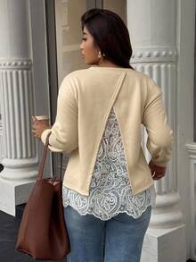 Easura Große Größen elegantes Color-Blocking Spitzen Patchwork Pullover mit offenem Rücken - Aprikosenfarben - Übersicht 3