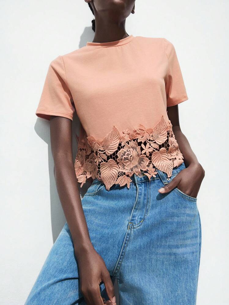 Maija Camiseta de mujer de unicolor con parches de encaje, cuello redondo y manga corta, adecuada para vacaciones, casual de negocios, transporte urbano, elegante y de moda, uniforme de maestro, oficina, top básico - Rosa - Añade 7