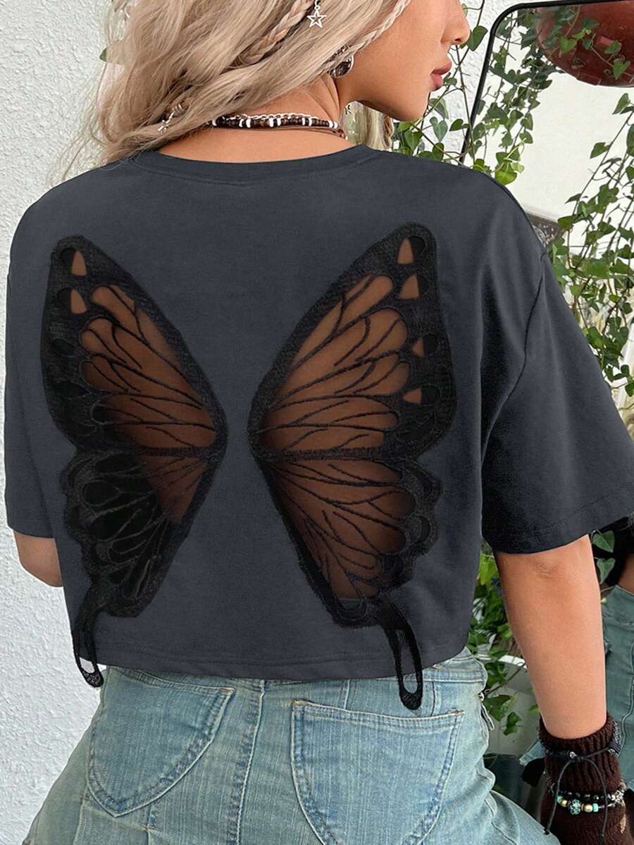 ROMWE Fairycore Oversize Women's Summer Vacation Hippie Style Butterfly Net Mesh Splice Drop Shoulder T-Shirt, Plus Size - Dark Grey - View 1