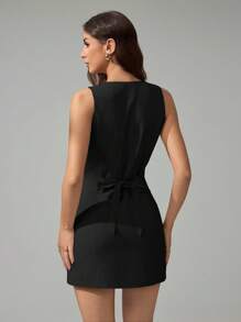 SHEIN Tall Women Solid Color Round Neck Elegant Sleeveless Mini Dress Black Sleeveless Dress - Black - View 3