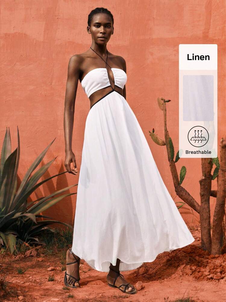 SHEIN Maija White Oversized A-Line Hollow Out Tied Neck Long Dress, Women's Casual Resort Holiday