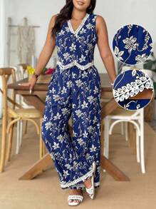 Weeklong Plus Size V-Neck Sleeveless Scalloped Trim Front Opening Jumpsuit And Straight Leg Scalloped Trim Casual Vacation 2 Pieces Set