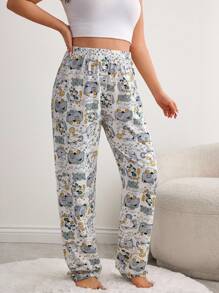 EURMUSE PLUS 女士棉质可爱卡通猫咪印花家居服舒适睡裤 - 彩色 - 查看 3