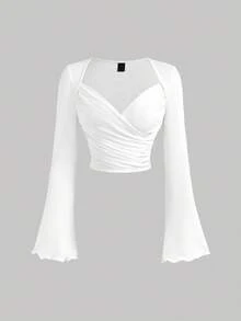 SHEIN MOD 2pcs Black & White Women Sweetheart Collar Ruffle Flare Sleeve T-Shirt, Classy Tops,Fall Clothes For Women,New Year, Elegant Tops,Going Out Tops, Wrap Tops For Women,Halloween, Christmas, Winter Clothes,Business Casual Woman,Works For Women,Boho - Black and White - View 5