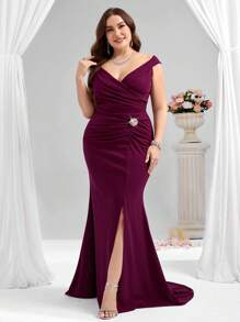 Coutiva Vestido de fiesta formal ajustado con volumen en el bajo estilo cola de sirena para mujer talla grande (muy adornado)