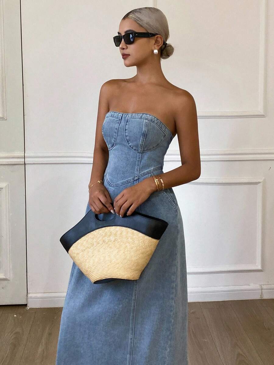 Livesso 女士休闲度假露肩长款牛仔连衣裙 - 藍色 - 查看 1