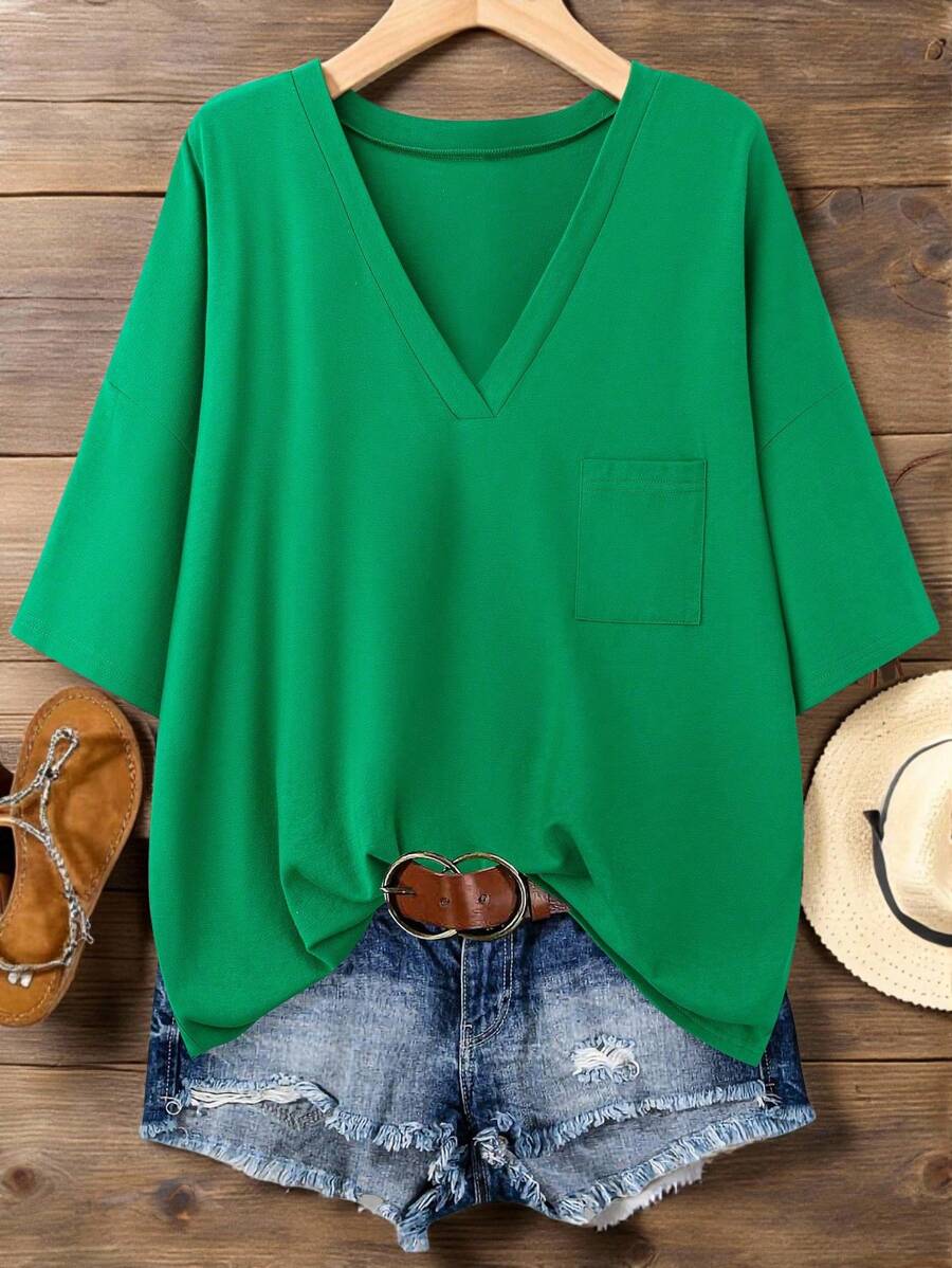 EMERY ROSE Women's Loose Casual Solid V-Neck Drop Shoulder T-Shirt - Green - View 1
