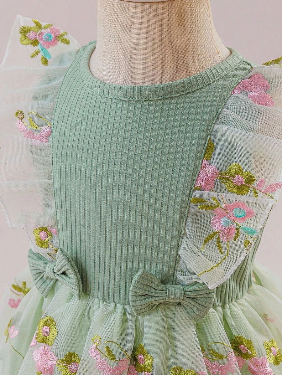 Glamorique Kids Robe de fête de demoiselle d'honneur pour filles bébé, nouvelle robe de printemps/été en tricot avec manches courtes, taille avec broderie, maille élégante et fleurs mignonnes pour mariage - Vert menthe - Voir 1