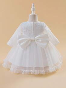 Glamorique Kids Baby Girl Lace Mesh Satin Long Sleeve Dress, White Floral Flower Girl Wedding Party Ball Gown With Big Bow Back, High-End Children's Dress For Birthday, Banquet, Performance Baby Girl White Lace Dress White Dress For Baby Girl